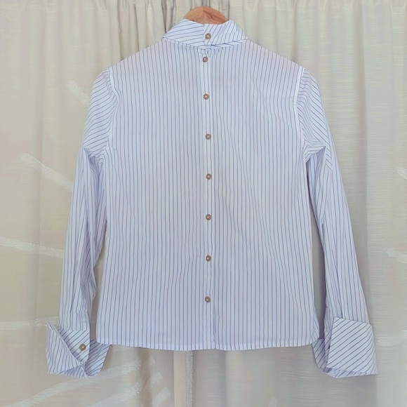 Scotch & Soda White/Blue Asymmetrical Pinstripe High-collar Rear Button Blouse - Picture 4 of 8
